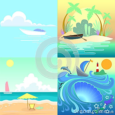 Set tropical seascape with boats beach. Vector Illustration