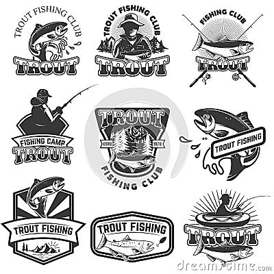 Set of trout fishing emblems isolated on white background. Design elements for logo, label, poster, t-shirt. Vector illustration. Vector Illustration