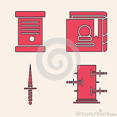 Set Trunk for magic tricks, Decree, paper, parchment, scroll, Ancient magic book and Dagger icon. Vector Vector Illustration
