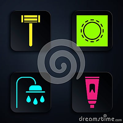 Set Tube of toothpaste, Shaving razor, Shower head and Condom in package safe sex. Black square button. Vector Vector Illustration