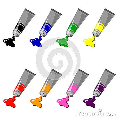 A set of tubes of paint in different colors. Black, blue, Yellow, Green, Red, Orange, Pink, Purple Vector Illustration