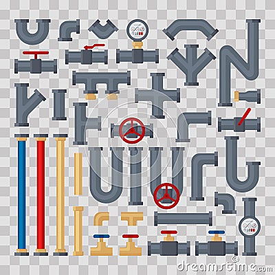 Set of tubes and pipelines pats on transparent background. Flat elements of water tubing. Plumbing fo gas, oil industry Vector Illustration