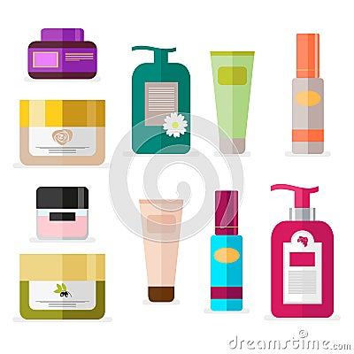 Set of tubes and vials cosmetics. Tools for beauty and skin care. Vector, illustration isolated on white background Vector Illustration