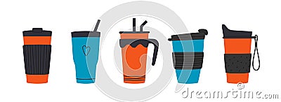 Set of tumblers with cap, handle and straw. Reusable cups and thermo mug. Different designs of thermos for take away Vector Illustration