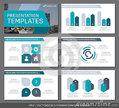 Set of turquoise and gray elements for multipurpose presentation template slides with graphs and charts. Leaflet Vector Illustration