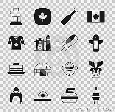 Set TV CN Tower in Toronto, Deer head with antlers, Canadian totem pole, Paddle, Farm house, Hockey jersey, Inukshuk and Vector Illustration