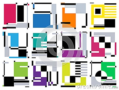 Set of twelve abstract geometric compositions. Colored rectangles and black geometric elements. Avant-Garde graphic style design. Vector Illustration