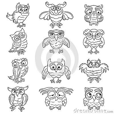 Set of twelve amusing owls outlines Vector Illustration