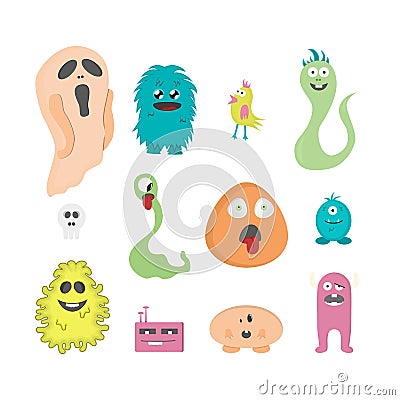 Set of twelve cartoon cute monsters on white background. Vector Illustration