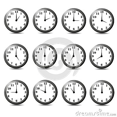 set of twelve clock. Vector illustration on white background. Cartoon Illustration