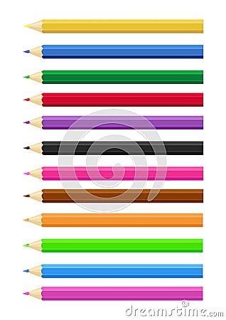 Set of twelve colored pencils red yellow blue green black purple orange blue. White background. Vector. Vector Illustration