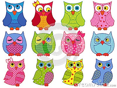 Set of twelve colourful cartoon owls Vector Illustration