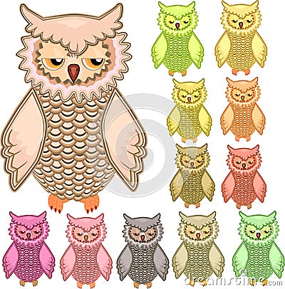 Set of twelve colourful owls isolated on white background Stock Photo