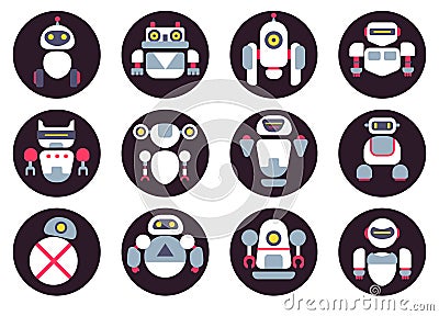 Set of twelve cute flat robots icons Vector Illustration