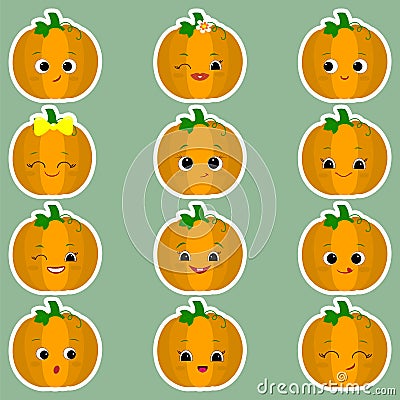 A set of twelve cute kawaii pumpkin stickers in white stroke. Vegetable symbols of various emotions and accessories in a cartoon Vector Illustration