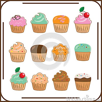 Set of twelve different cakes Vector Illustration