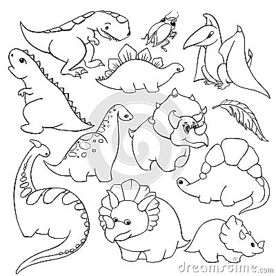 Set of twelve elements funny kind children`s cartoon dinosaurs tyrannosaurus, pterodactyl, diplodocus, triceratops Vector Illustration
