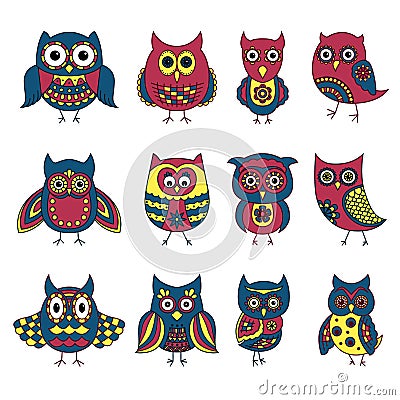 Set of twelve funny owls with various patterns Vector Illustration