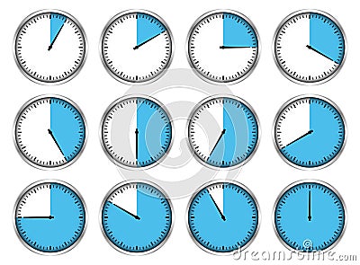 Set Of Twelve Graphic Silver Stopwatches Blue Different Times Vector Illustration