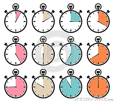 Set Of Twelve Graphic Stopwatches Icons Retro Colors Vector Illustration