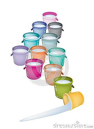 Set of Twelve Multicolored Buckets on White Vector Illustration