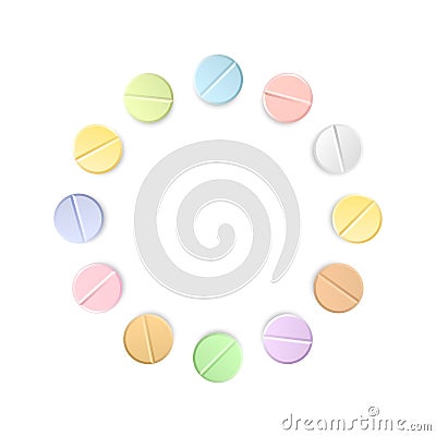 Set of twelve vector realistic pills located around isolated on transparent background. Medicines, tablets, capsules Vector Illustration