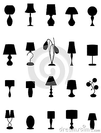 Set of twenty black silhouette graceful lamps. Vector Illustration