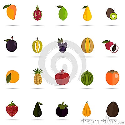 Set of twenty color flat fruits icons Vector Illustration