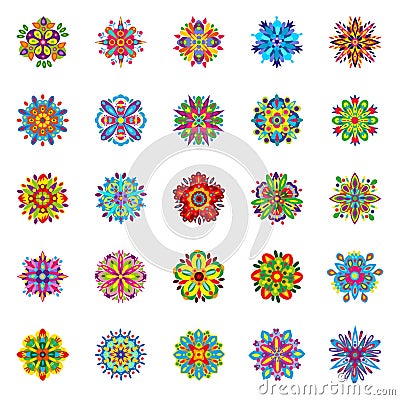 Set of twenty-five isolated symmetrical multicolored flowers consisting of geometric elements Vector Illustration