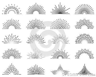 Set of twenty line light rays. Sun bursts for vintage style logos. 20 completely unique illustrated sun rays element Vector Illustration