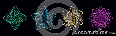 Set of twisted futuristic spirals. Collection of wavy fractals. Abstract wireframe linear tunnels. Technology graphic spiral. Vector Illustration