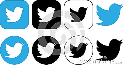 Set of Twitter Bird logo icons. Group of Realistic social media icon logotype. Collection Twitter - popular social media button Vector Illustration