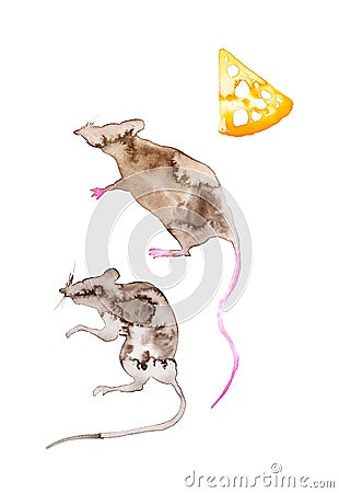 A set of two abstract rats and a piece of yellow cheese. Symbol of 2020 new year. Watercolor illustration isolated on white Cartoon Illustration