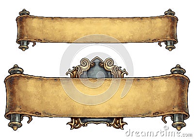 Set of two fantasy old paper scroll banners Cartoon Illustration