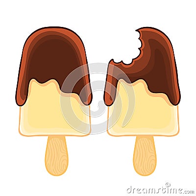 Set of two cartoon icons of whole and bitten vanilla eskimo with chocolate glaze. Before and after. Vector Illustration