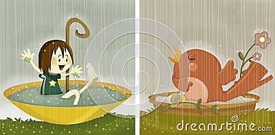 Taking a rain bath Cartoon Illustration