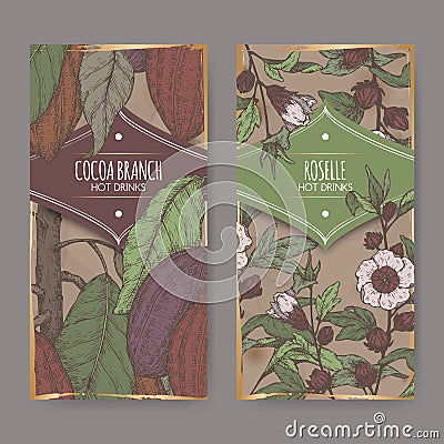 Set of two color labels with Roselle aka Hibiscus sabdariffa and Cocoa tree aka Theobroma cacao branch sketch. Vector Illustration