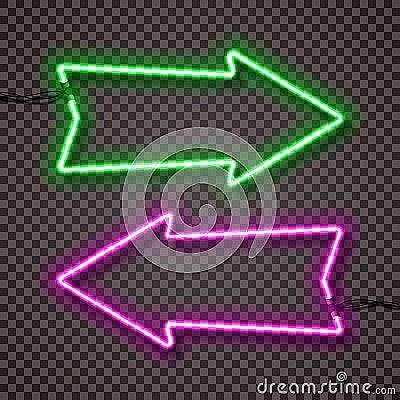 A set of two color variants of neon lamps with wires, shaped arrow pointer. Green and violet. . Vector Illustration