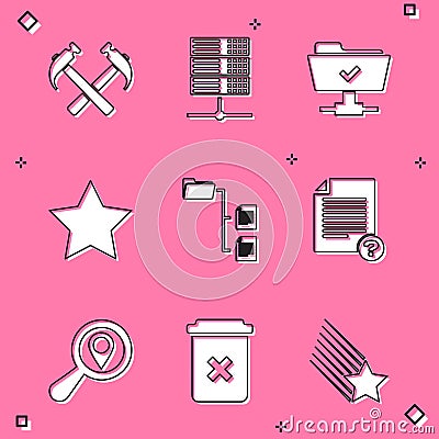 Set Two crossed hammers, Server, Data, Web Hosting, FTP operation successful, Star, Folder tree and Unknown document Vector Illustration