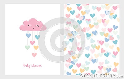 Set of Two Cute Vector Illustrations. Pink Smiling Cloud with Dropping Hearts. Pink Baby Shower Text. Vector Illustration