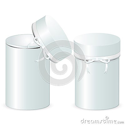 Set of two cylindrical gift boxes with a bow. Template of open and closed boxes isolated on a white background. Vector Illustration