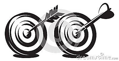 Set of two dart targets with arrow and dart on white background. Vector monochrome illustration Vector Illustration