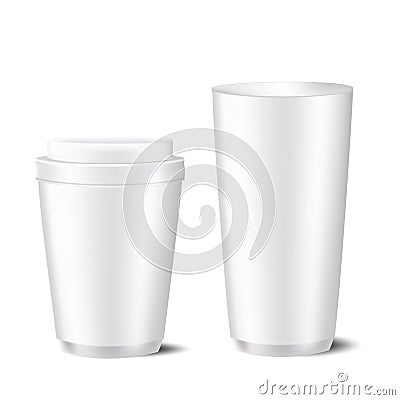 Set of two disposable white gray caps with lid and without lid Vector Illustration