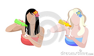 Set of two faceless images of a girl with shampoo Vector Illustration