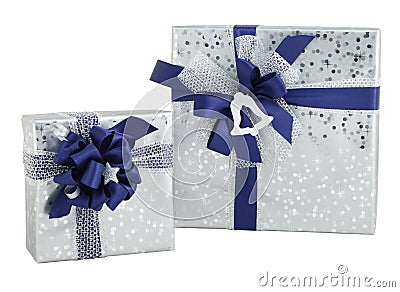 Set two gift box silver shiny paper wrap blue ribbon bow isolated Stock Photo