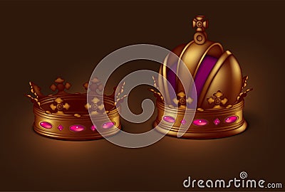 A set of two gold imperial crowns of different shapes. 3D vector. High detailed realistic illustration Vector Illustration