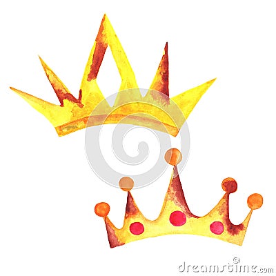 set of two gold king crowns with rust. Royal crown for queen or princess, emperor. Watercolour drawing . Stock Photo