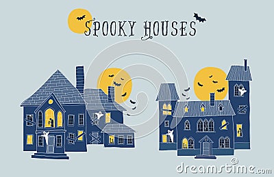 Set of two halloween spooky houses illustrations. Each el Vector Illustration