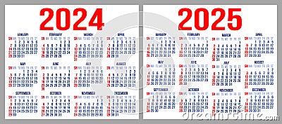 A set of two horizontal calendar grids for a pocket calendar for the years 2024 and 2025. Vector color illustration. Template for Vector Illustration