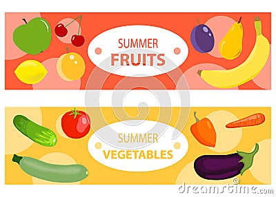 A set of two horizontal fruit and vegetable banners. Two horizontal banners with fruits and vegetables. Vector Illustration